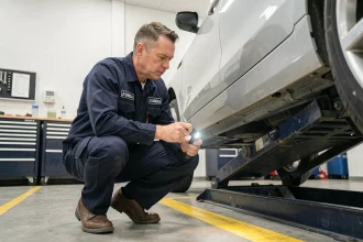 Technicien DEKRA inspectant le dessous d'un véhicule lors d'un contrôle technique officiel