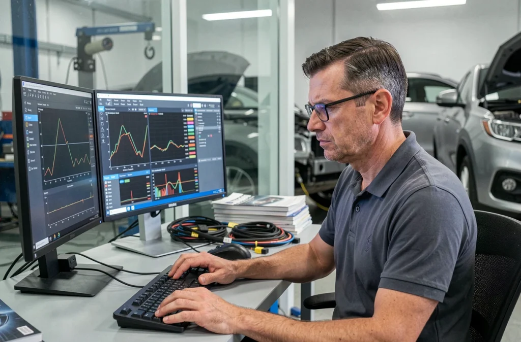 Technicien automobile analysant les données ECU sur un logiciel de reprogrammation moteur, soulignant l'importance du remapping après suppression FAP