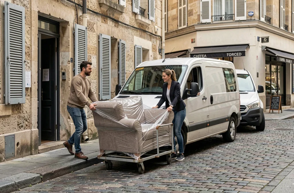 Deux personnes transportant un fauteuil emballé vers un utilitaire de location dans une rue pavée parisienne