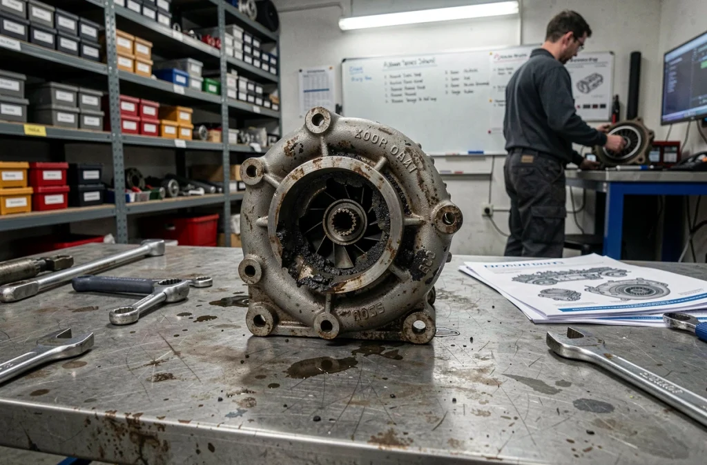 Turbocompresseur endommagé posé sur un établi d'atelier, conséquence directe d'une suppression FAP mal réalisée sans reprogrammation moteur