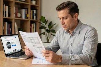 Homme consultant un rapport de fiabilité automobile sur un site de vérification de marque auto