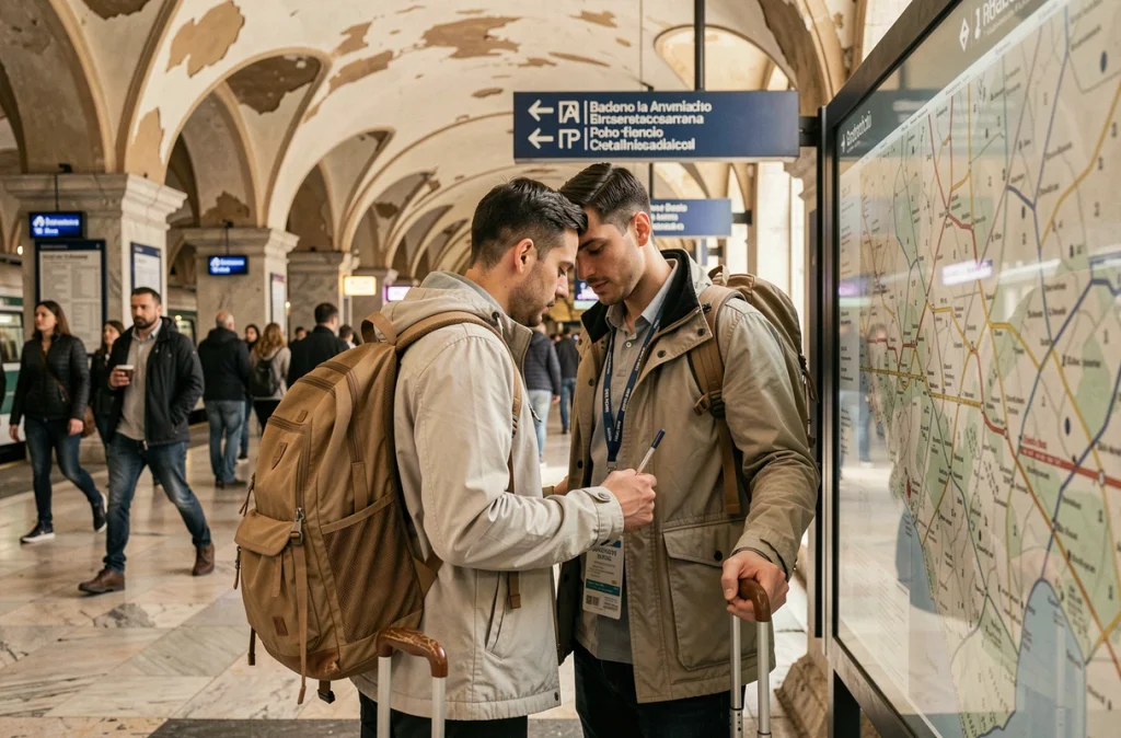 Voyageur consultant un plan de transport en commun à la gare de Milan pour rejoindre le salon EICMA