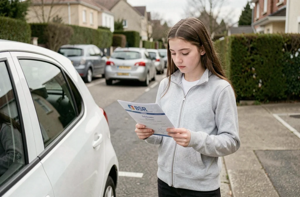 Adolescente tenant un certificat BSR devant une voiture, symbolisant les conditions légales de conduite accompagnée
