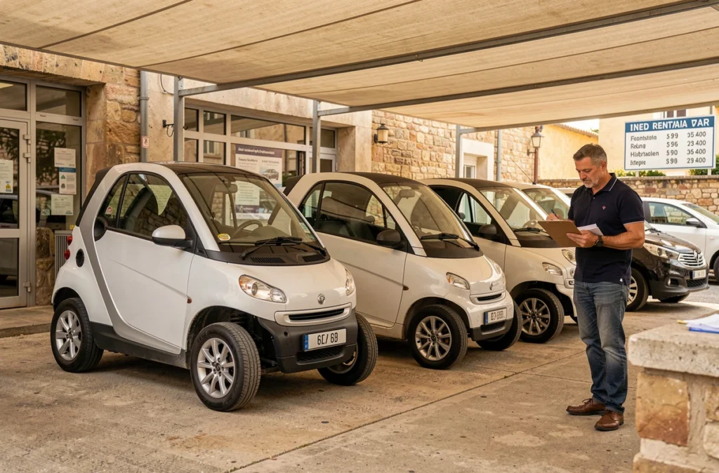 Agence de location de voitures sans permis à Nîmes avec plusieurs voiturettes alignées
