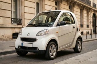 Aixam électrique blanche garée sur un trottoir urbain français, vue de trois quarts avant