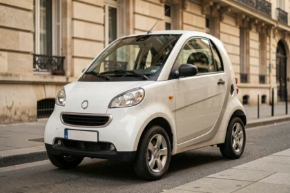 Aixam électrique blanche garée sur un trottoir urbain français, vue de trois quarts avant