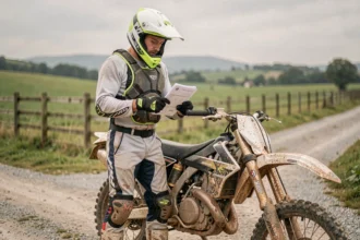 Motard en tenue de cross tenant des documents d'assurance moto devant une moto tout-terrain boueuse sur une route de campagne