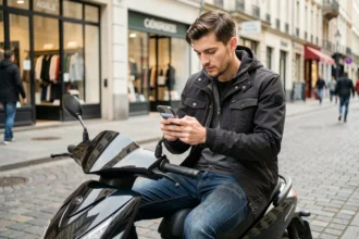 Jeune homme assis sur un scooter urbain consultant une application d'assurance sans acompte sur son smartphone en ville