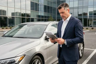Un homme d'affaires en costume marine consulte une tablette à côté d'une voiture de société berline dans un parking d'entreprise