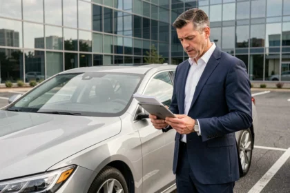 Un homme d'affaires en costume marine consulte une tablette à côté d'une voiture de société berline dans un parking d'entreprise