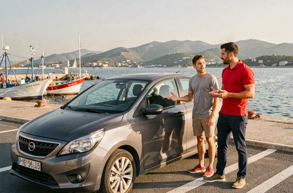 Moniteur de l'Auto Ecole Sport et élève discutant à côté d'une voiture d'école sur le front de mer à La Seyne-sur-Mer