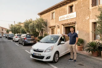 Vue d'ensemble d'une auto-école dans le Var avec un instructeur et une voiture d'apprentissage devant un bâtiment méditerranéen