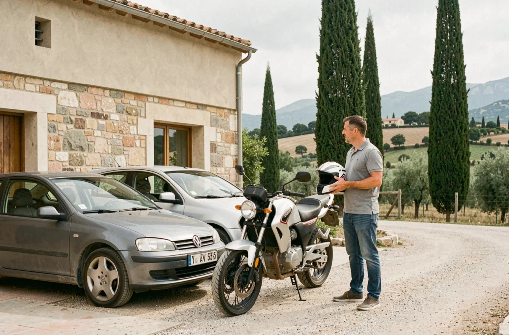 Instructeur de L'Auto Moto Ecole Du Haut Var à Aups présentant une moto et une voiture d'école à un élève