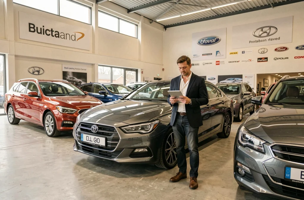 Showroom multimarque Bodemerauto dans les Côtes-d'Armor avec plusieurs véhicules neufs exposés et un vendeur professionnel en costume