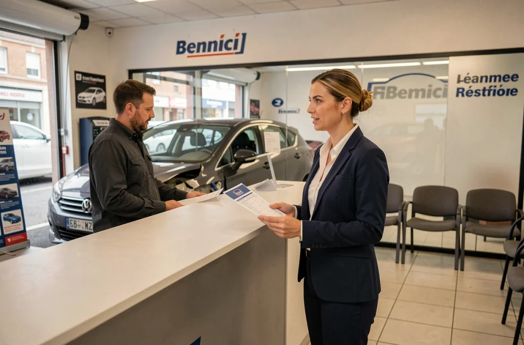 Accueil client à la Carrosserie Bennici avec une conseillère présentant un devis de réparation carrosserie