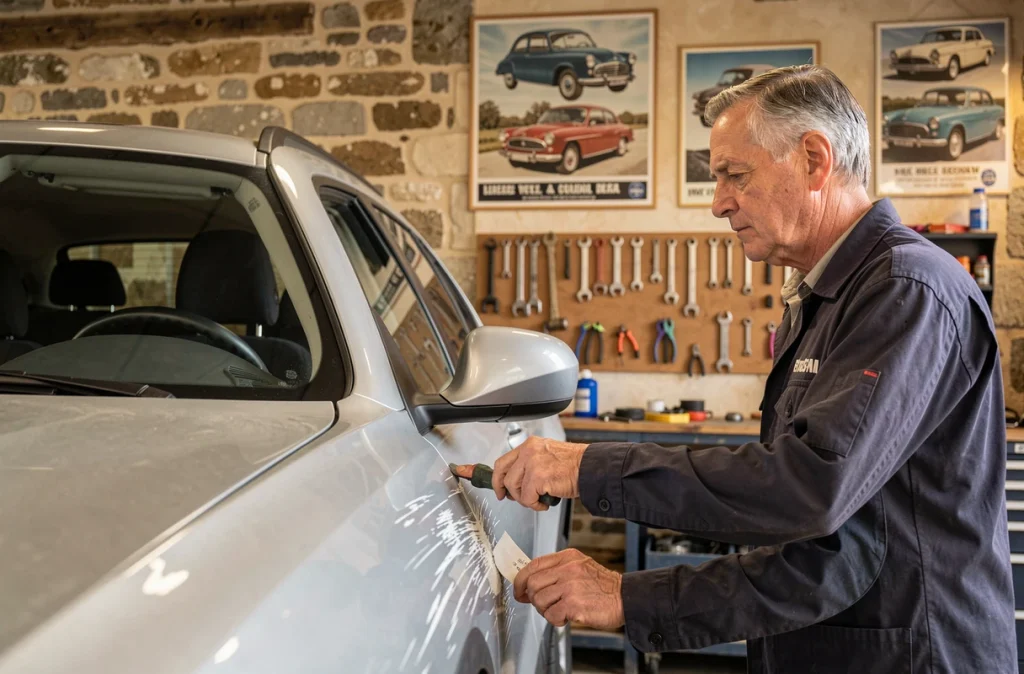 Carrossier de Carrosserie Vexin Auto examinant les dommages sur la carrosserie d'un SUV dans un atelier régional