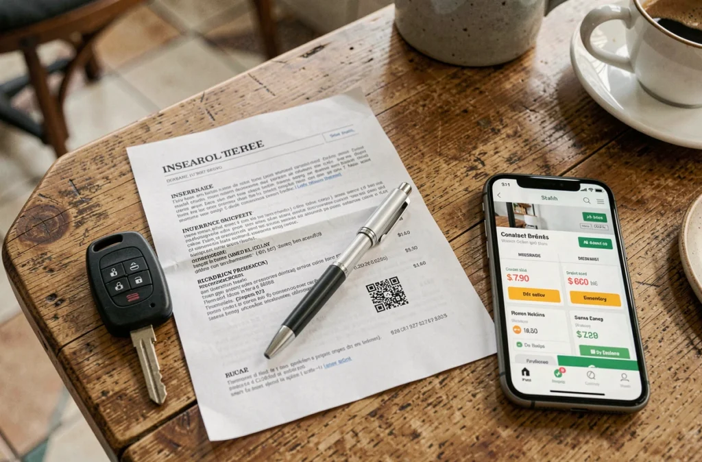 Vue du dessus d'une clé de voiture, d'un contrat d'assurance et d'un comparateur de prix sur smartphone