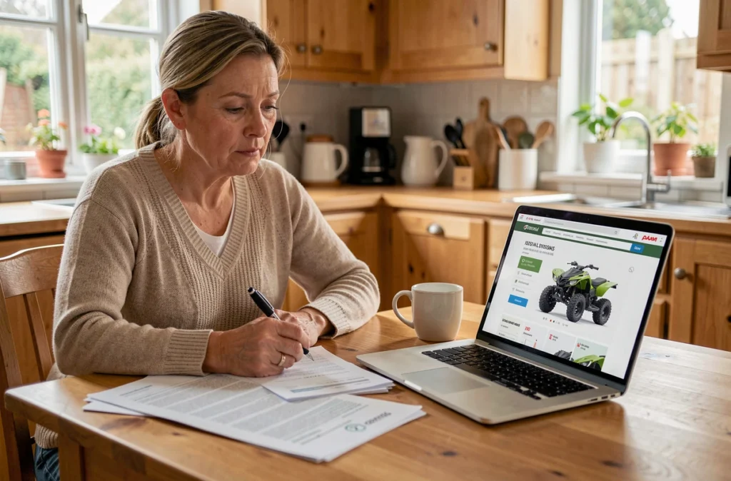 Femme comparant des offres d'assurance quad sur ordinateur portable avec des documents d'assurance sur une table en bois