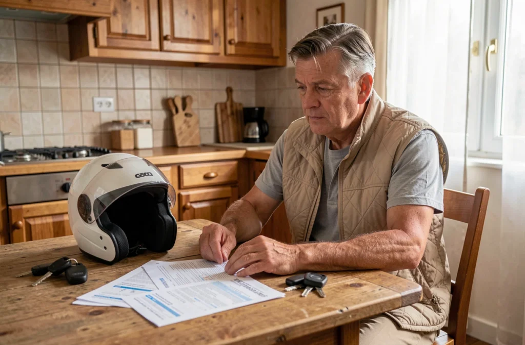 Homme comparant des devis d'assurance scooter 3 roues à la maison