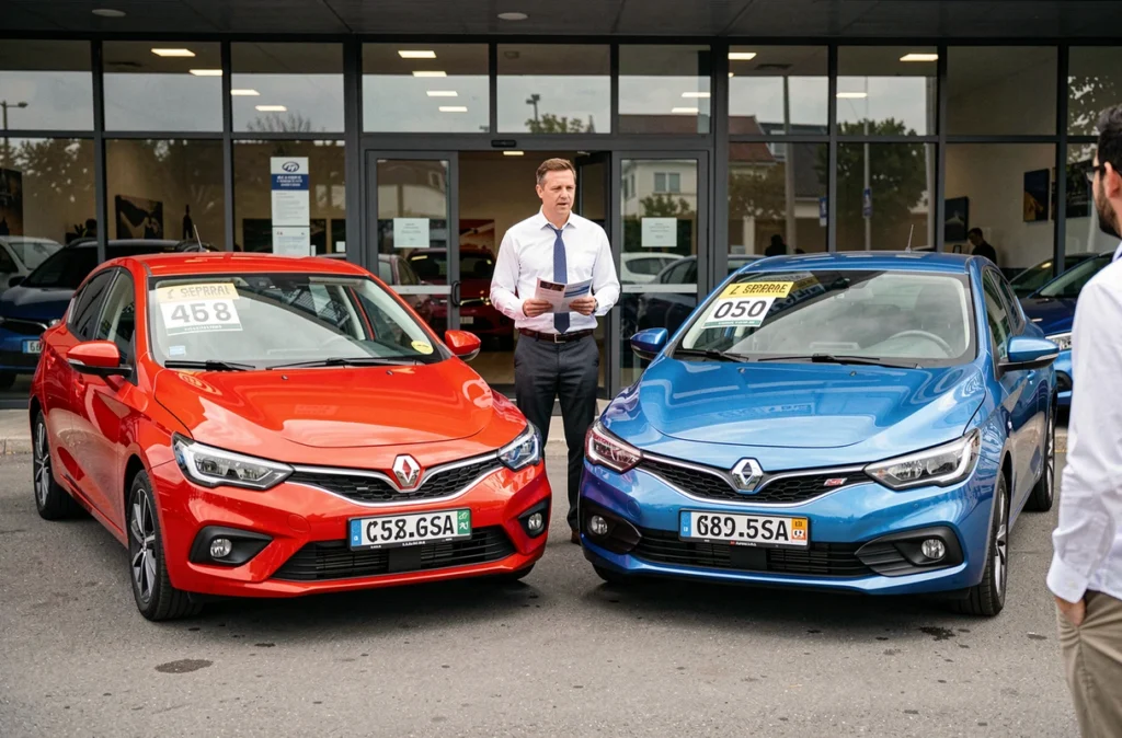 Deux modèles de voitures sans permis rouge et bleue côte à côte chez un concessionnaire avec un vendeur