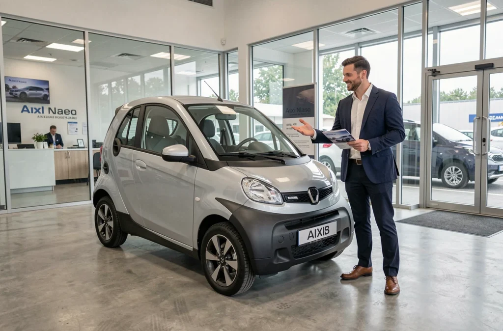 Conseiller commercial présentant une Aixam électrique dans une concession automobile