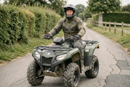 Conducteur de quad homologué sur une route rurale française, équipé d'un casque intégral et d'une veste de protection
