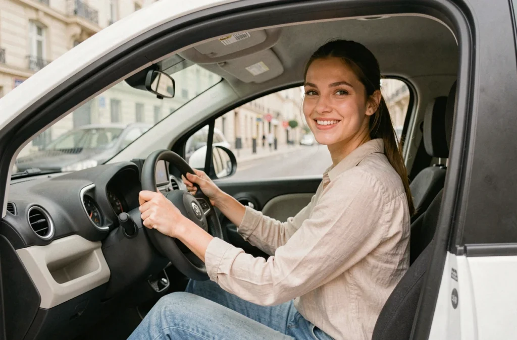 Jeune femme au volant d'une voiturette sans permis dans une ville du sud de la France