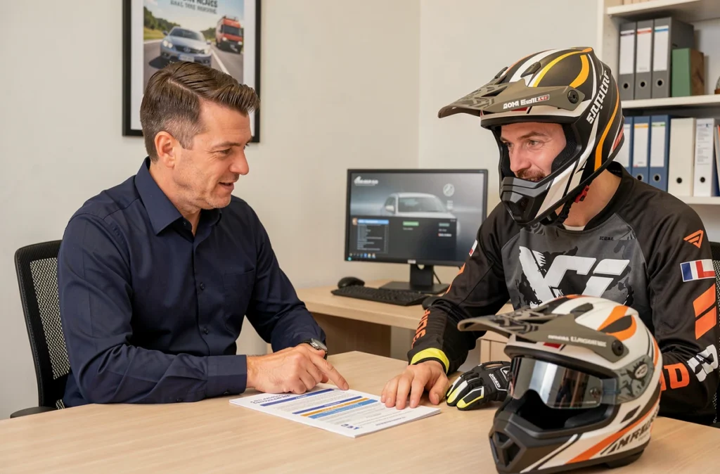 Conseiller en assurance expliquant un contrat d'assurance moto cross à un motard dans un bureau d'agence d'assurance