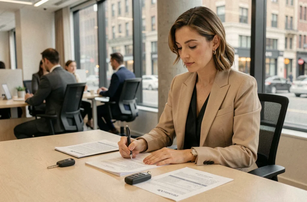 Une femme d'affaires signe un contrat d'assurance pour une voiture de société à son bureau avec des clés de voiture posées à côté