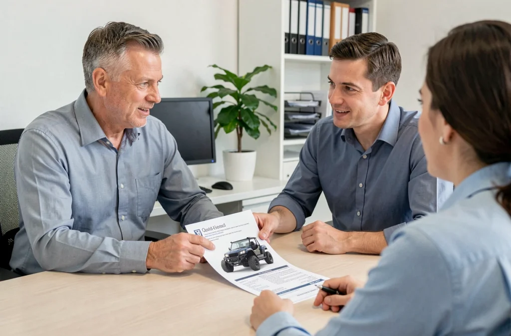 Courtier en assurance expliquant un contrat d'assurance quad à un client dans un bureau professionnel