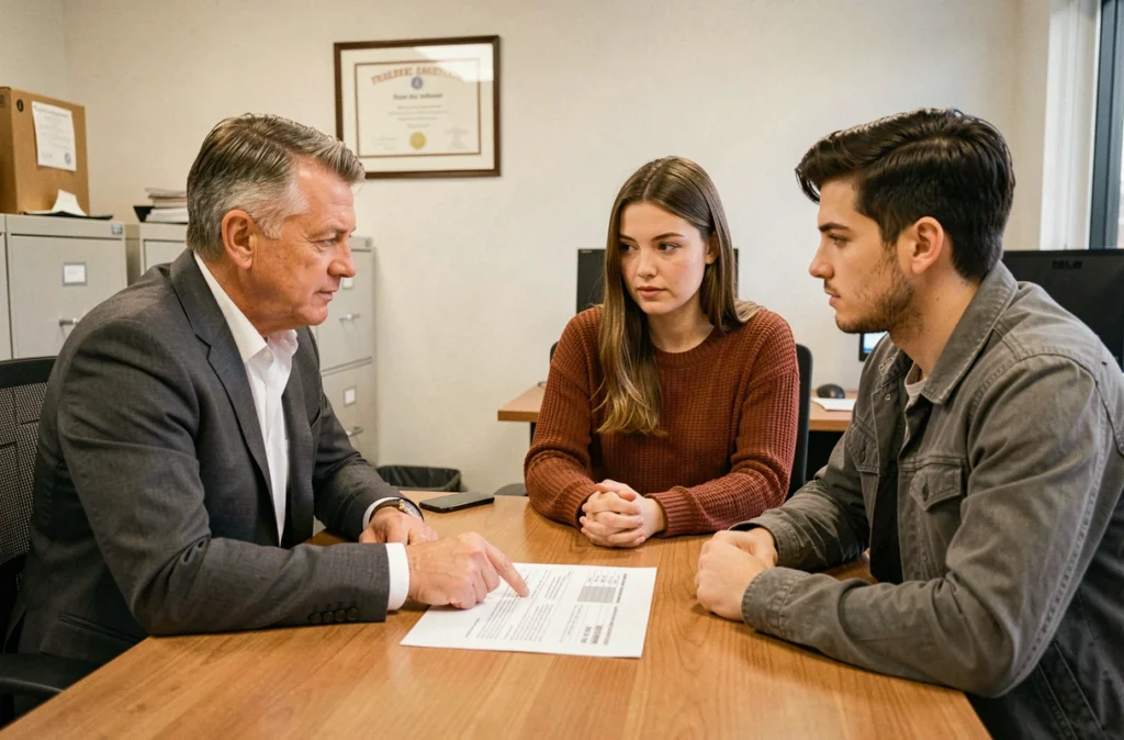 Courtier en assurance expliquant le prix d'une assurance tous risques à un jeune couple dans un bureau professionnel