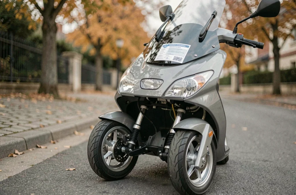 Détail des roues avant d'un scooter 3 roues avec vignette d'assurance visible