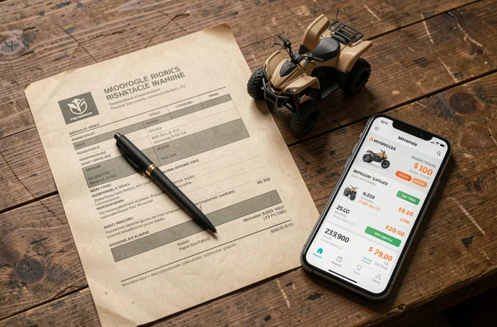 Documents d'assurance quad 250cc et maquette de quad sur un bureau en bois avec stylo et smartphone