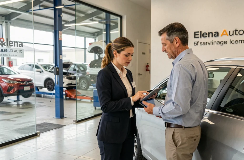 Conseillère d'Elena Auto présentant un diagnostic numérique à un client dans l'espace d'accueil du garage