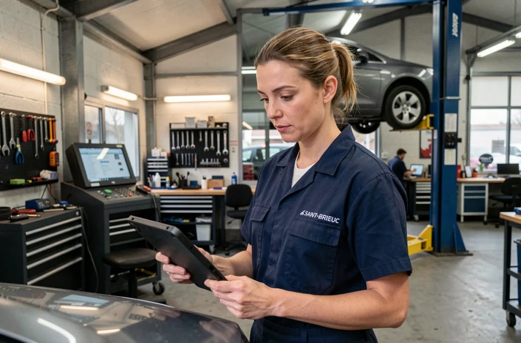 Mécanicienne professionnelle effectuant un diagnostic dans le garage multiservice Eur-Auto à Trégueux près de Saint-Brieuc