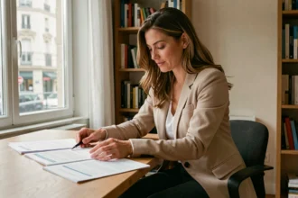 Femme consultant des documents d'assurance auto à Nantes dans un bureau à domicile moderne