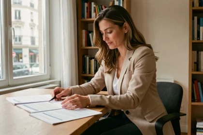 Femme consultant des documents d'assurance auto à Nantes dans un bureau à domicile moderne