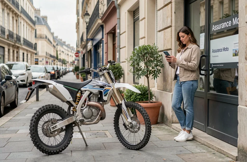Femme consultant une assurance moto cross sur smartphone devant une agence d'assurance avec une moto tout-terrain garée sur le trottoir