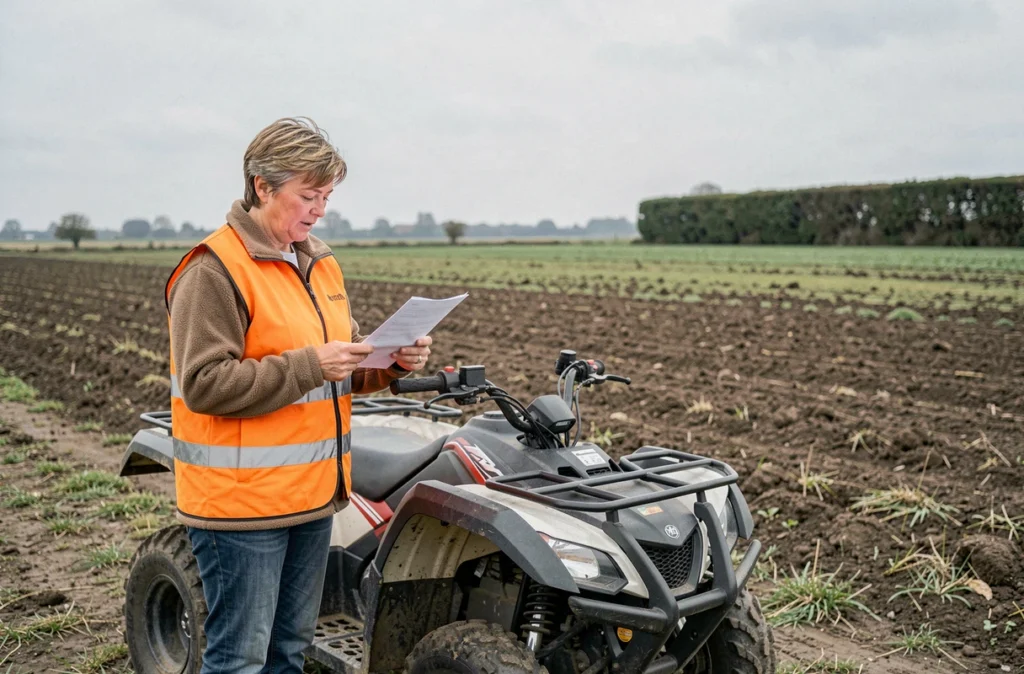 Femme consultant des documents d'assurance à côté d'un quad 250cc en milieu agricole