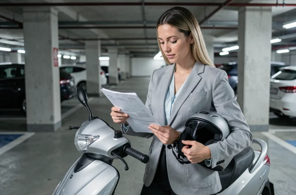 Femme consultant des documents d'assurance scooter sans acompte dans un parking souterrain avec casque sous le bras