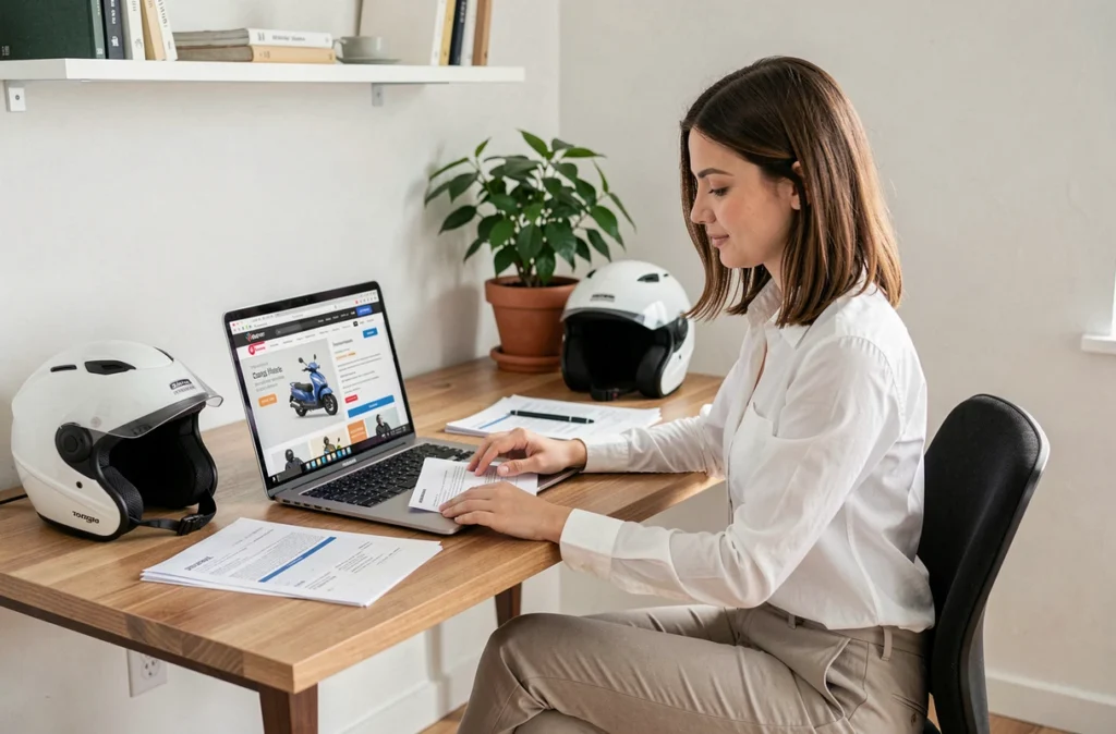 Femme comparant des offres d'assurance scooter en ligne depuis son bureau à domicile
