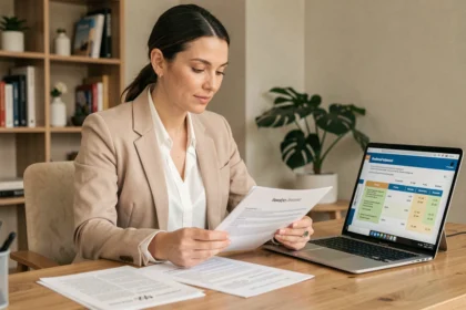 Femme consultant des documents d'assurance tous risques sur un bureau en bois dans un bureau à domicile moderne