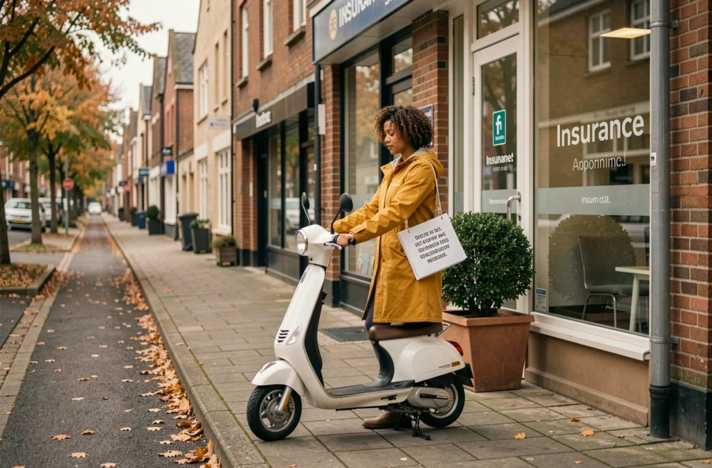 Femme avec un devis d'assurance scooter devant une agence d'assurance dans une rue commerçante