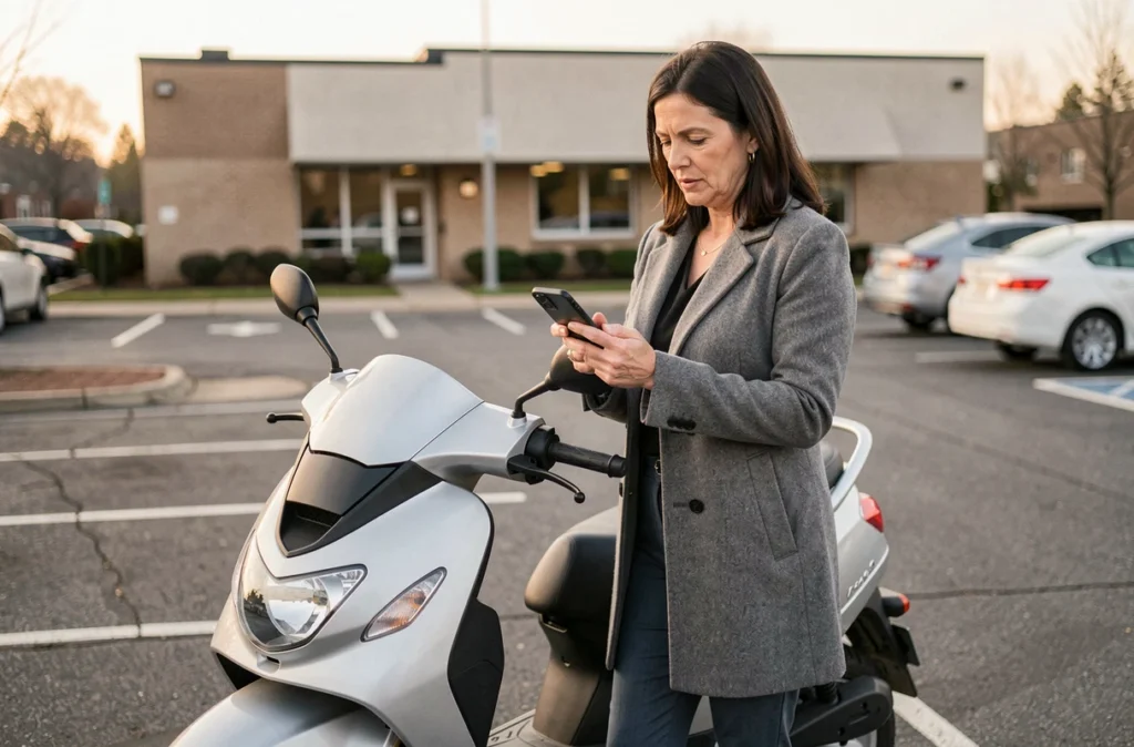 Femme consultant des tarifs d'assurance scooter 3 roues sur son smartphone