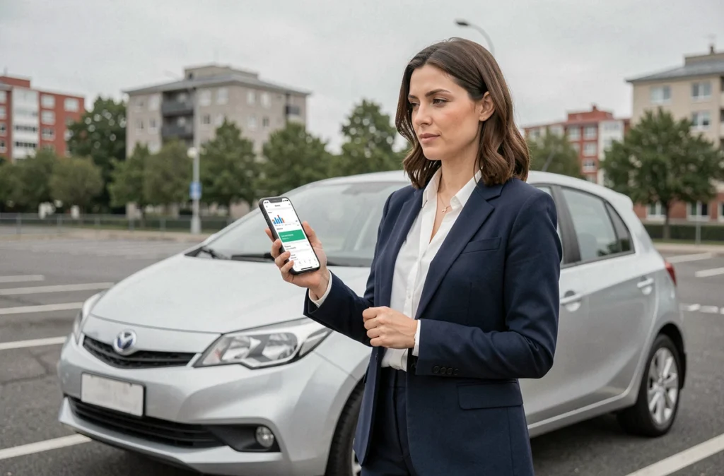 Femme debout près de sa voiture consultant une application de comparaison d'assurance auto sur smartphone