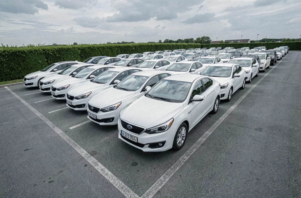 Une flotte de voitures de société blanches alignées dans un parking d'entreprise vue en perspective