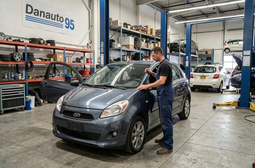 Mécanicien carrossier du Garage Danauto 95 à Montmagny en train de poser une portière de remplacement sur un véhicule