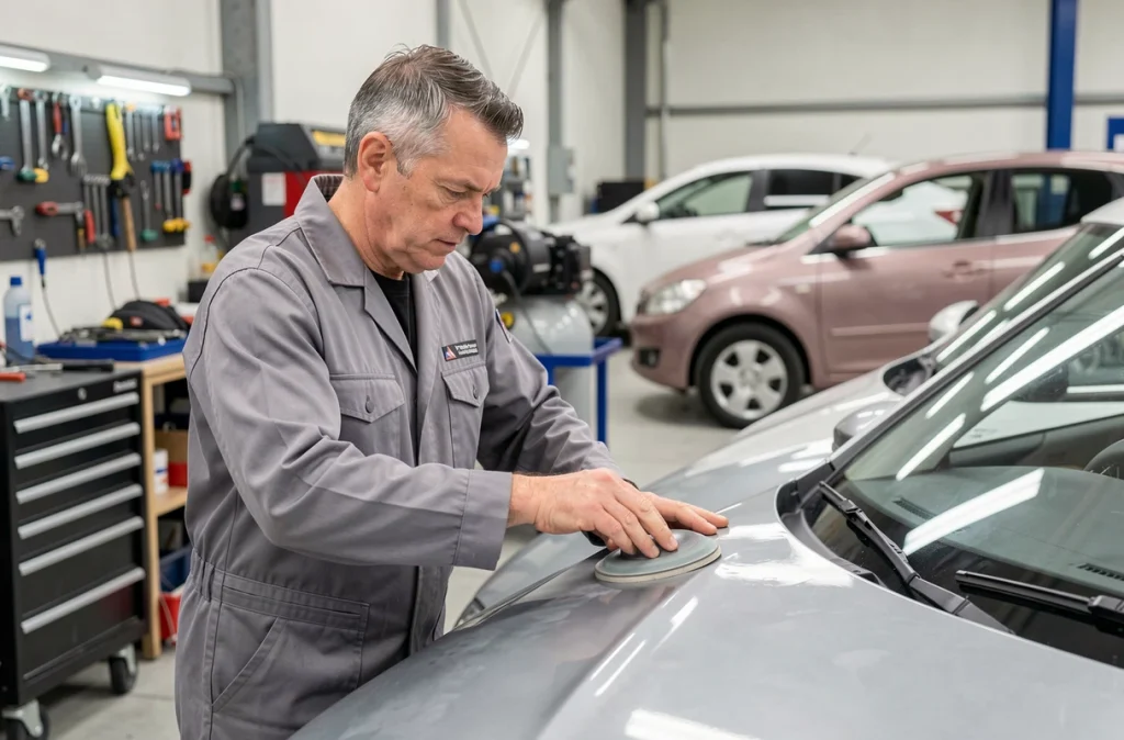 Technicien carrossier du Garage Pasteur à Sannois effectuant un ponçage minutieux sur la carrosserie d'une voiture