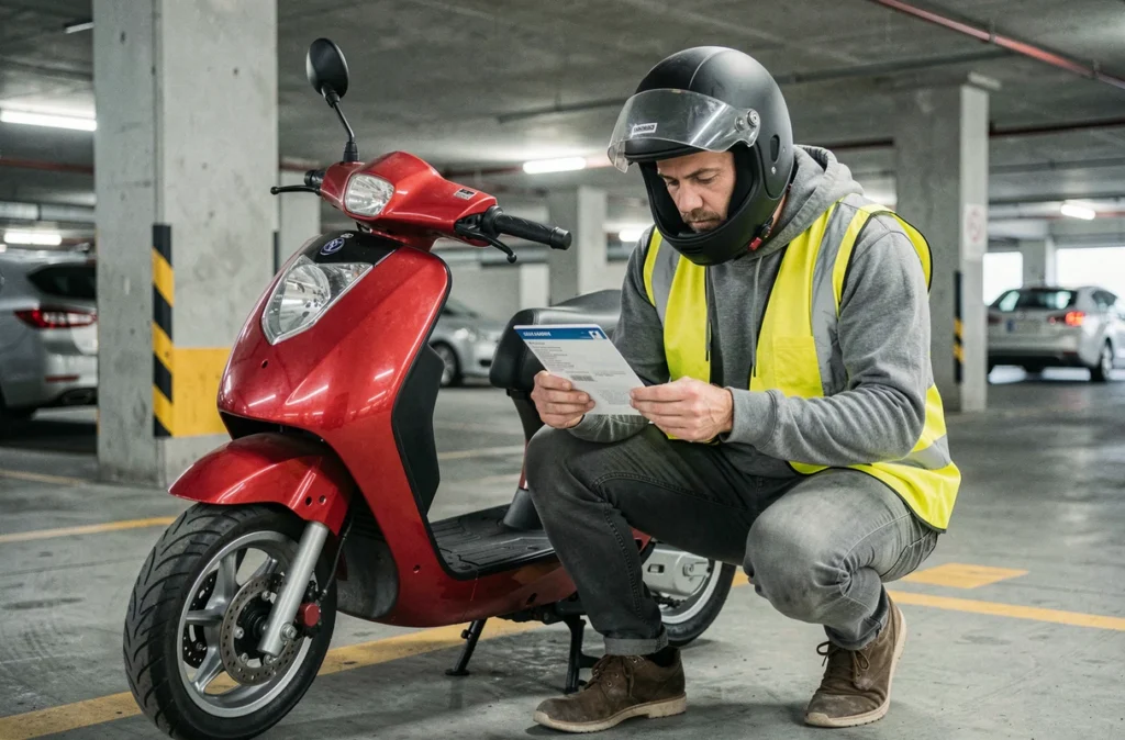 Homme en gilet réfléchissant vérifiant son attestation d'assurance scooter dans un parking