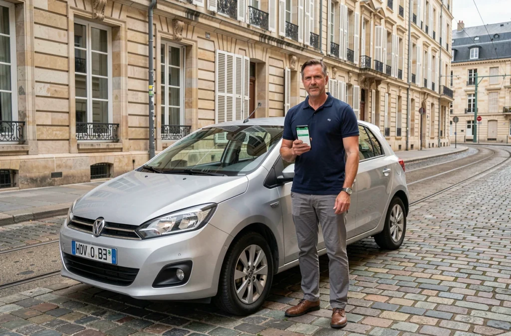 Homme comparant des offres d'assurance auto sur smartphone devant sa voiture à Nantes